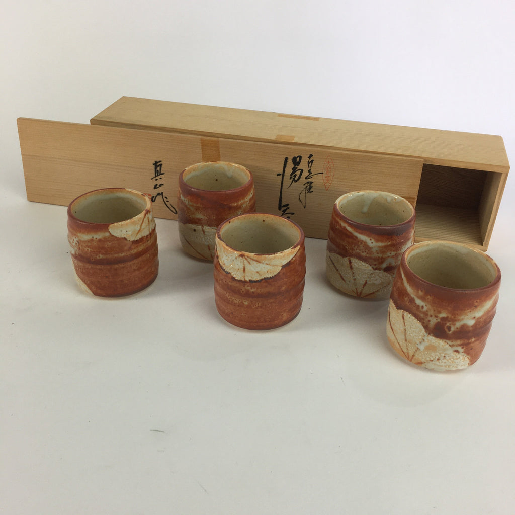 Japanese Mino ware Teacup Set 5pc Vtg Box Yunomi Sencha Bancha PX541