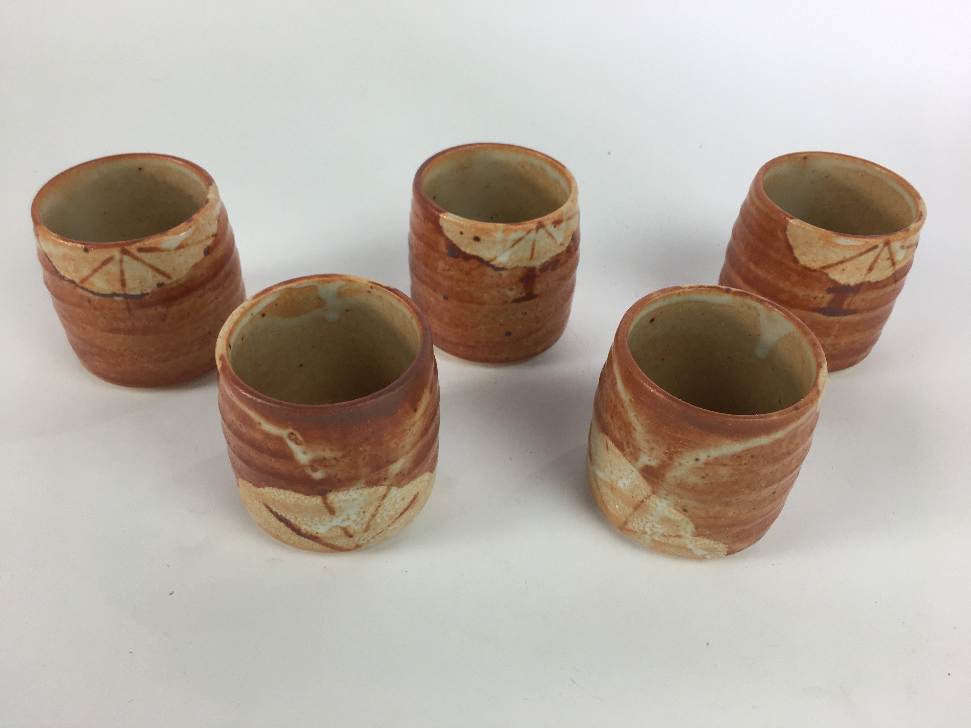 Japanese Mino ware Teacup Set 5pc Vtg Box Yunomi Sencha Bancha PX542