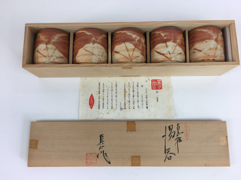 Japanese Mino ware Teacup Set 5pc Vtg Box Yunomi Sencha Bancha PX542