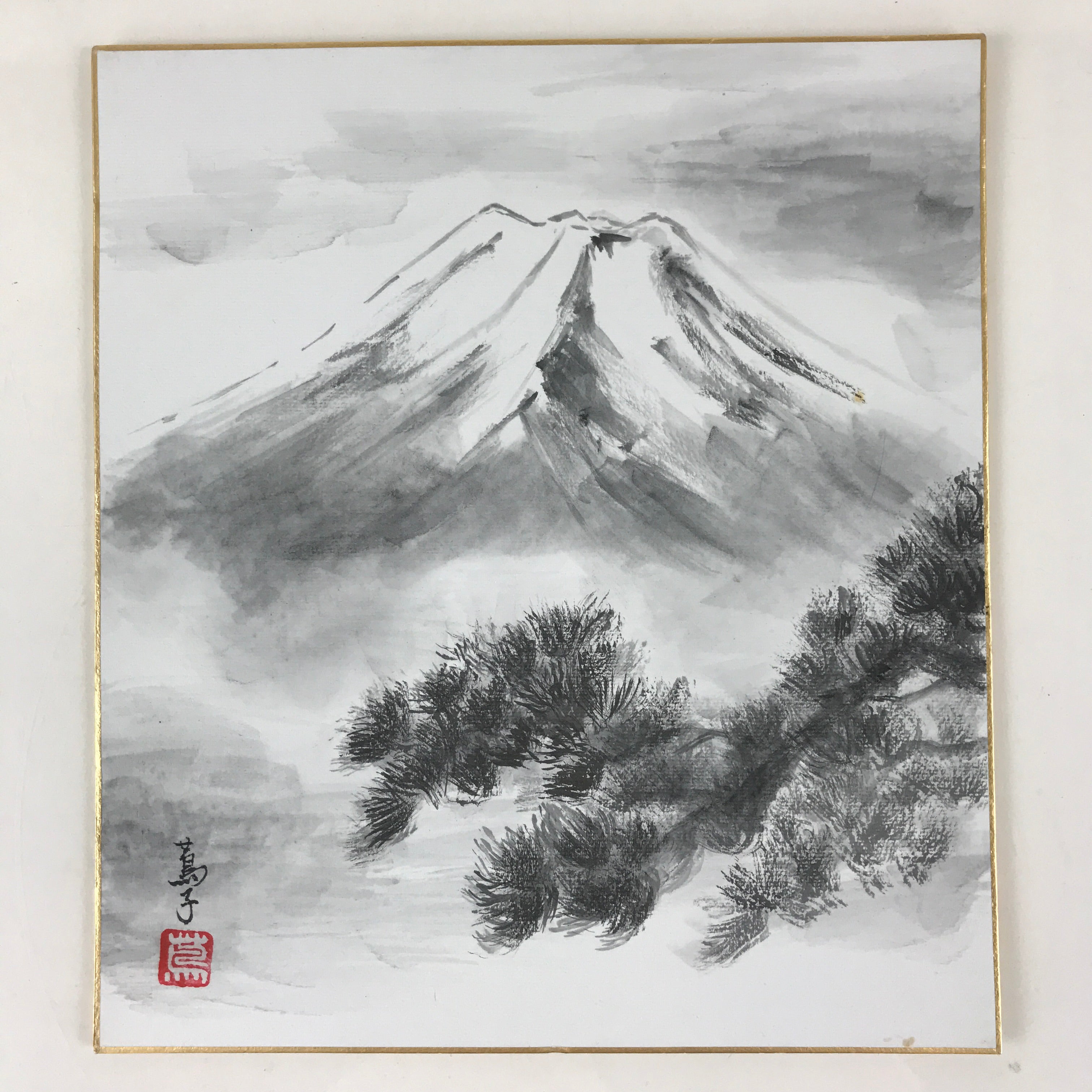 Japanese Mt Fuji Art Board Painting Shikishi Paper Winter Mountain Scene A496