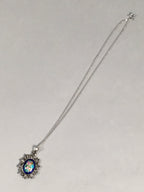 Japanese Necklace Cloisonne Oval Pendant Vtg Metal Glass Blue Silver JK54