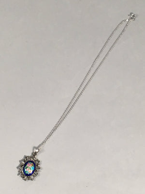 Japanese Necklace Cloisonne Oval Pendant Vtg Metal Glass Blue Silver JK54