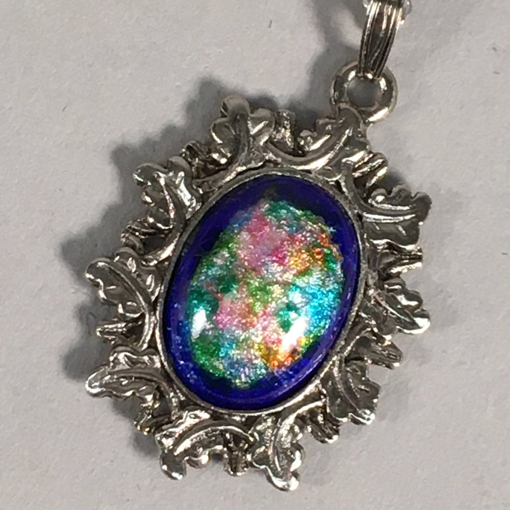 Japanese Necklace Cloisonne Oval Pendant Vtg Metal Glass Blue Silver JK54