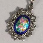 Japanese Necklace Cloisonne Oval Pendant Vtg Metal Glass Blue Silver JK54