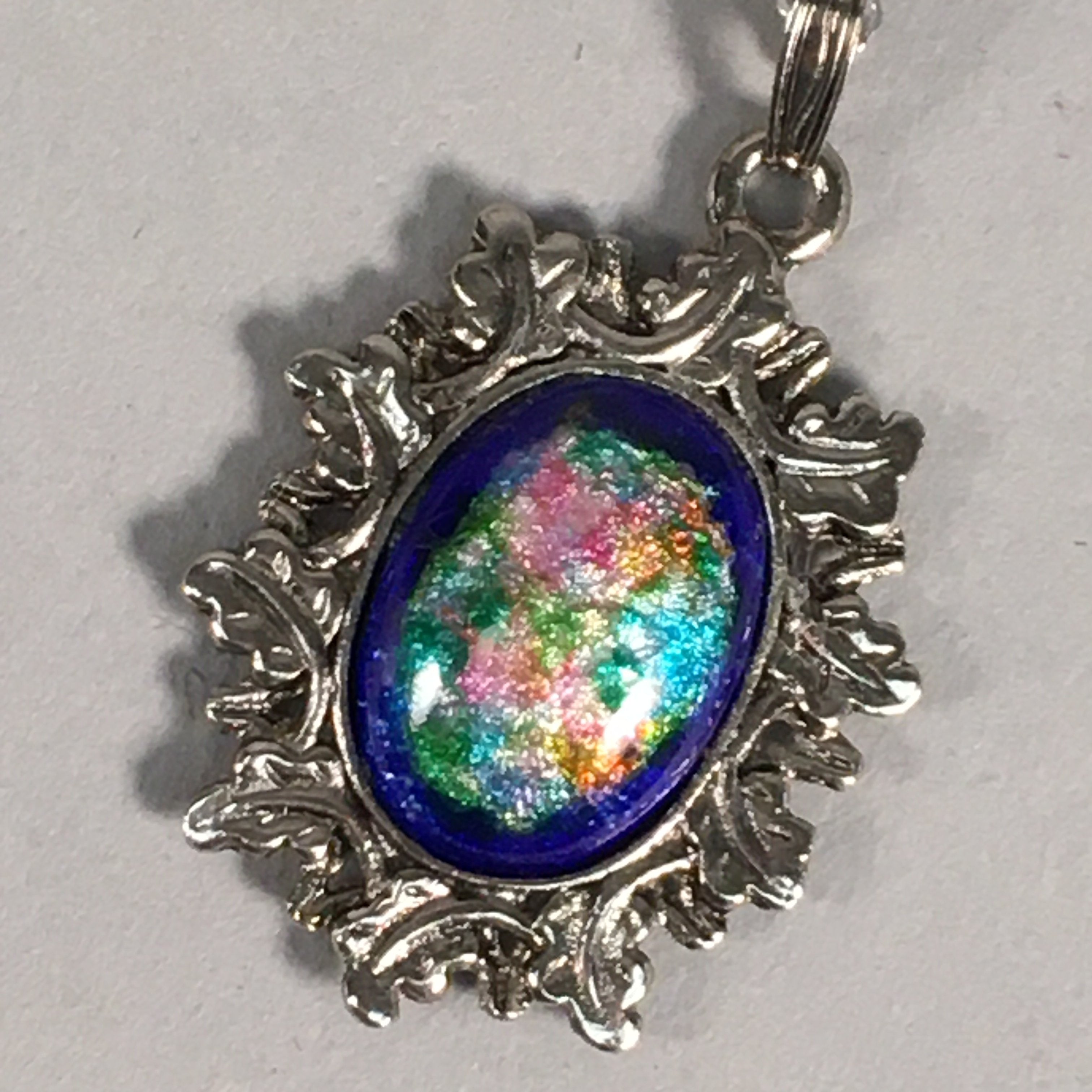 Japanese Necklace Cloisonne Oval Pendant Vtg Metal Glass Blue Silver JK54