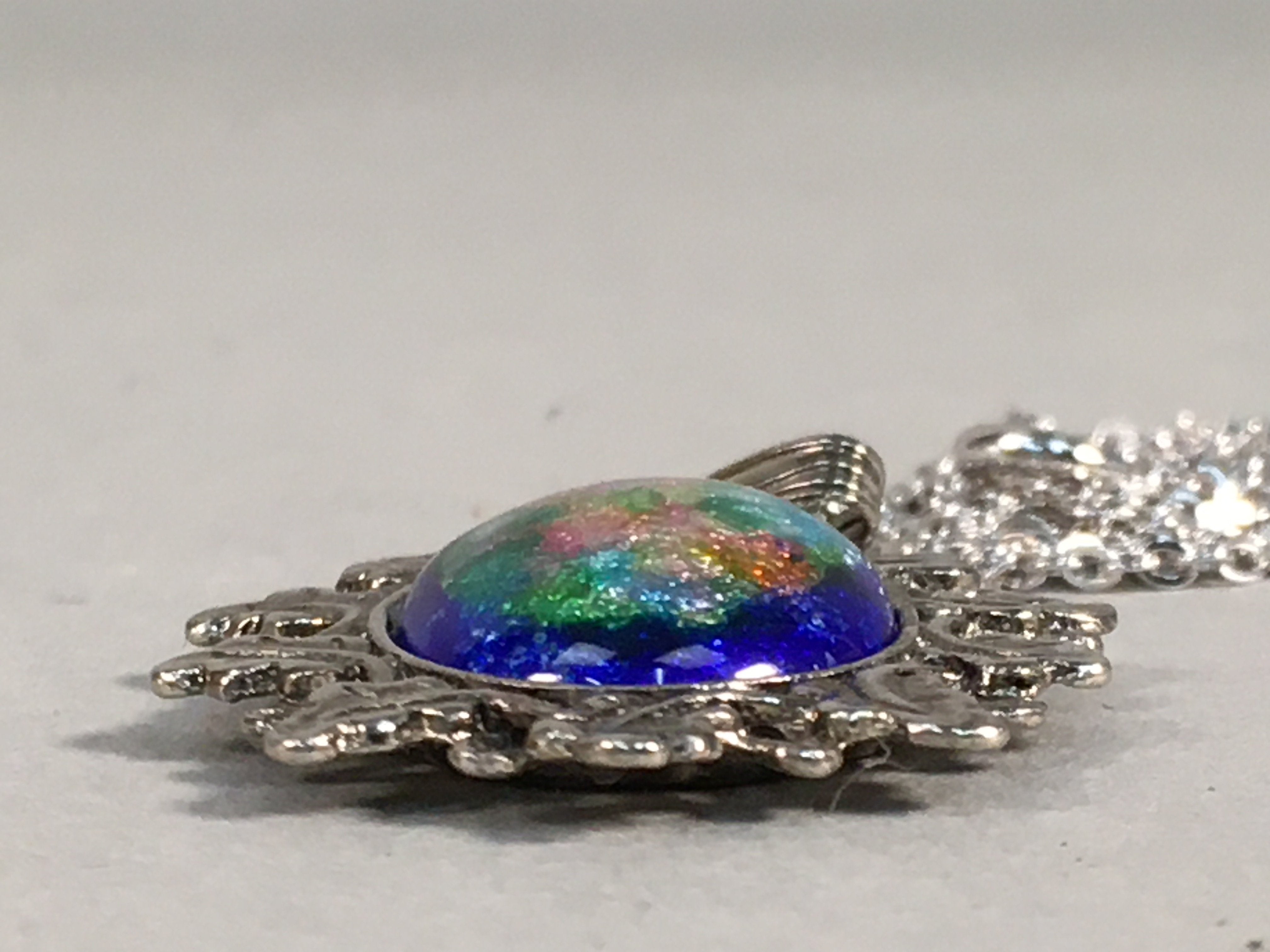 Japanese Necklace Cloisonne Oval Pendant Vtg Metal Glass Blue Silver JK54