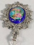 Japanese Necklace Cloisonne Oval Pendant Vtg Metal Glass Blue Silver JK54