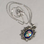 Japanese Necklace Cloisonne Oval Pendant Vtg Metal Glass Blue Silver JK54