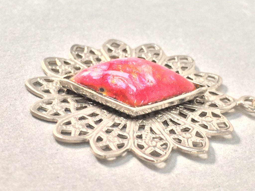 Japanese Necklace Cloisonné Pendant Vtg Metal Glass Red Pink Silver JK108