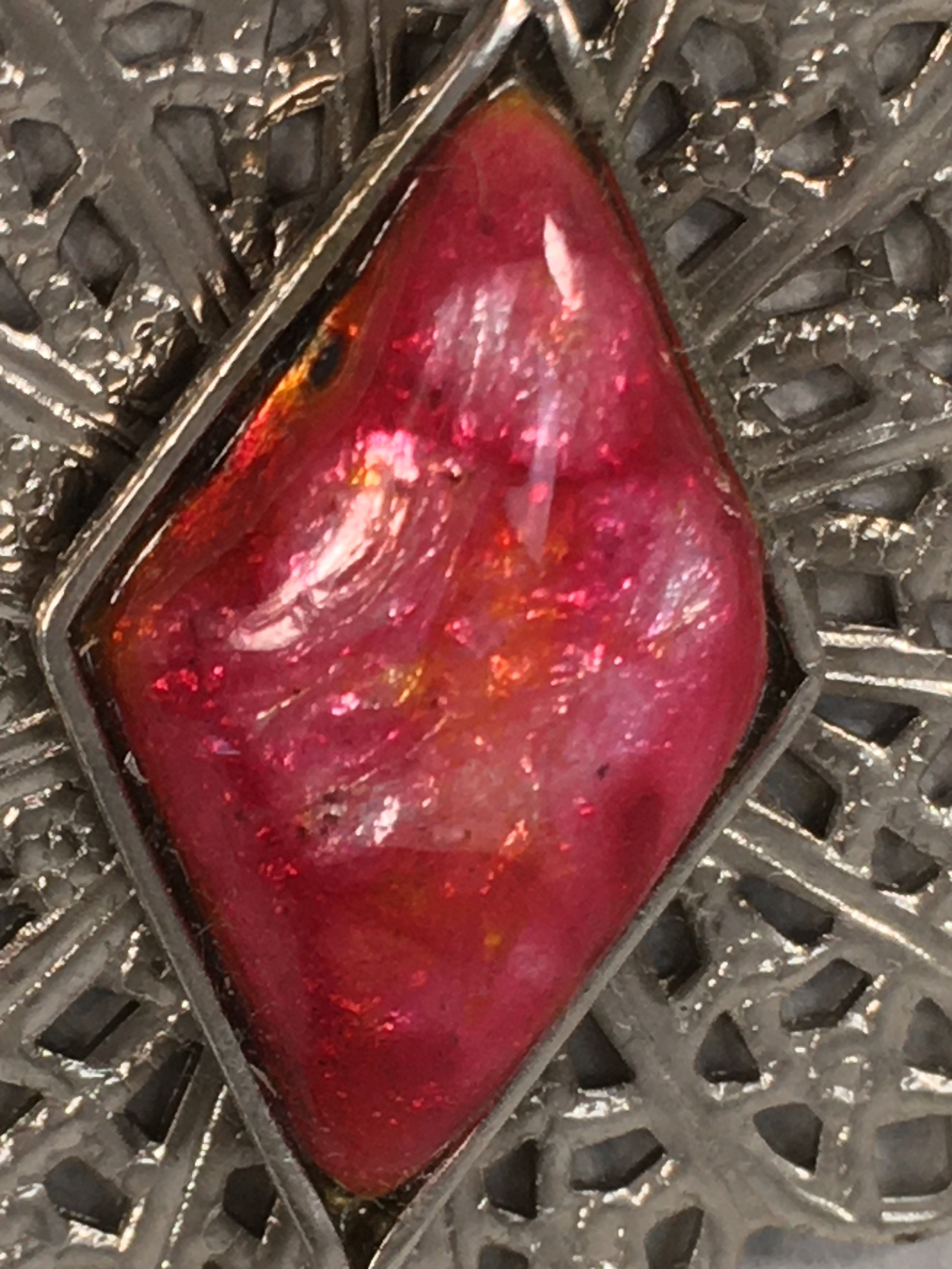 Japanese Necklace Cloisonné Pendant Vtg Metal Glass Red Pink Silver JK108