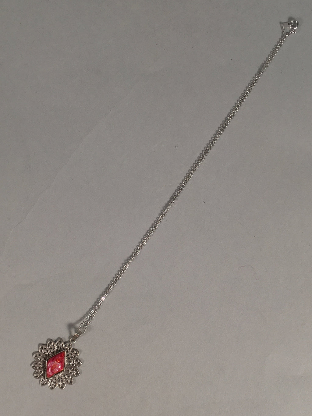 Japanese Necklace Cloisonné Pendant Vtg Metal Glass Red Pink Silver JK108