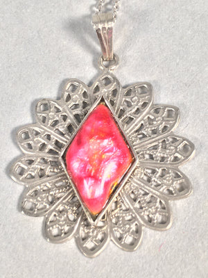 Japanese Necklace Cloisonné Pendant Vtg Metal Glass Red Pink Silver JK108
