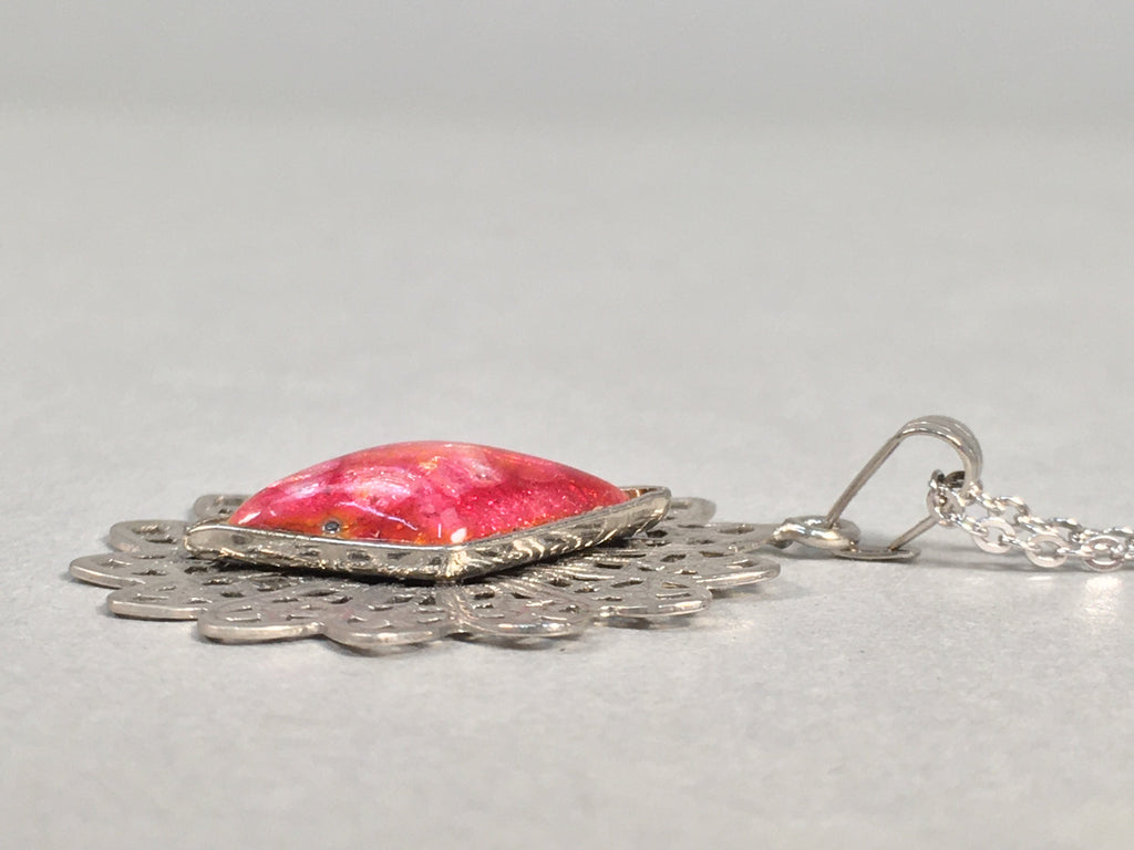 Japanese Necklace Cloisonné Pendant Vtg Metal Glass Red Pink Silver JK108