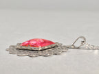 Japanese Necklace Cloisonné Pendant Vtg Metal Glass Red Pink Silver JK108