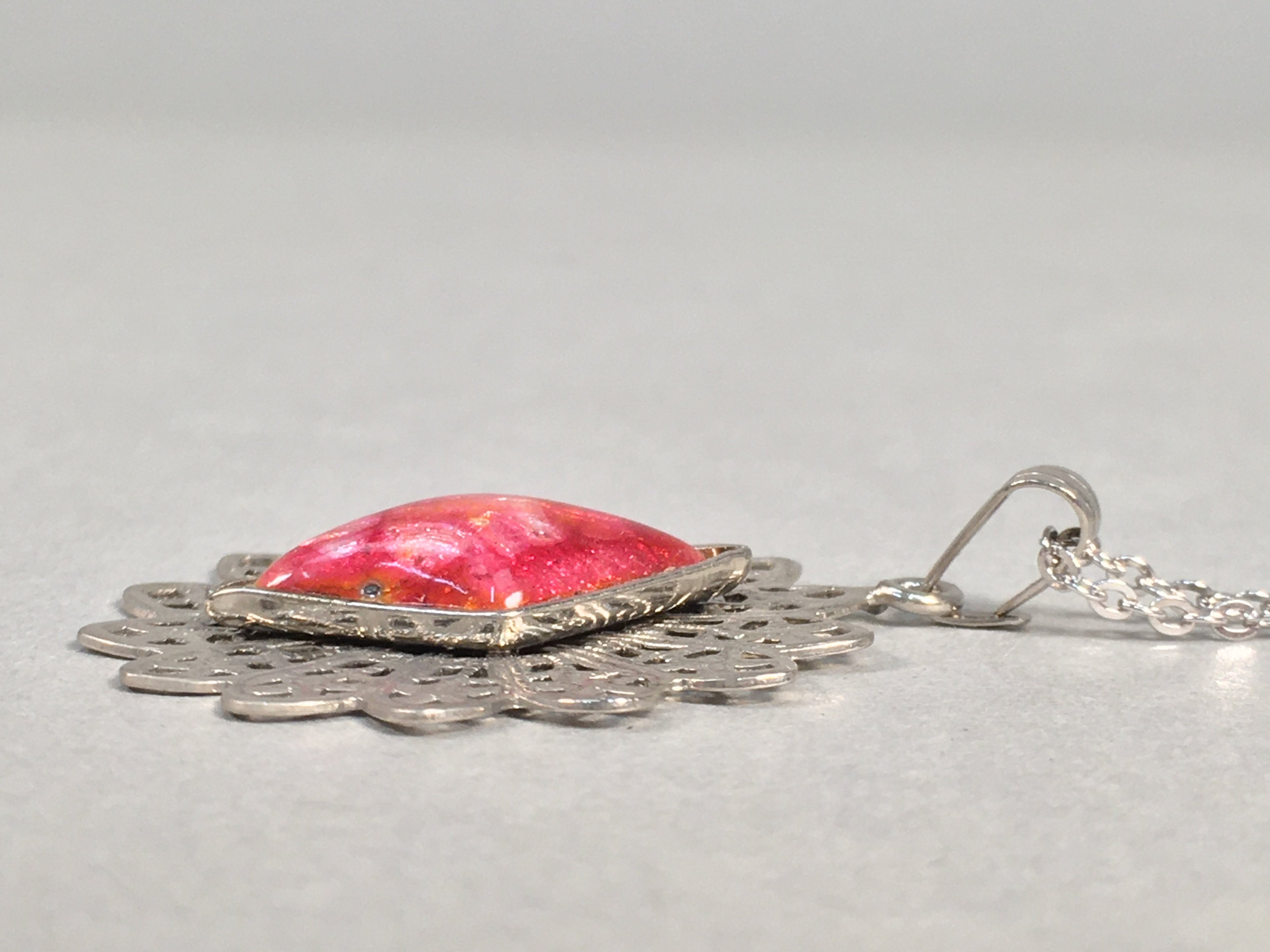 Japanese Necklace Cloisonné Pendant Vtg Metal Glass Red Pink Silver JK108