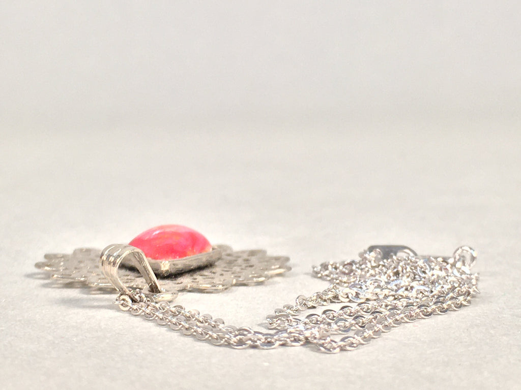 Japanese Necklace Cloisonné Pendant Vtg Metal Glass Red Pink Silver JK108