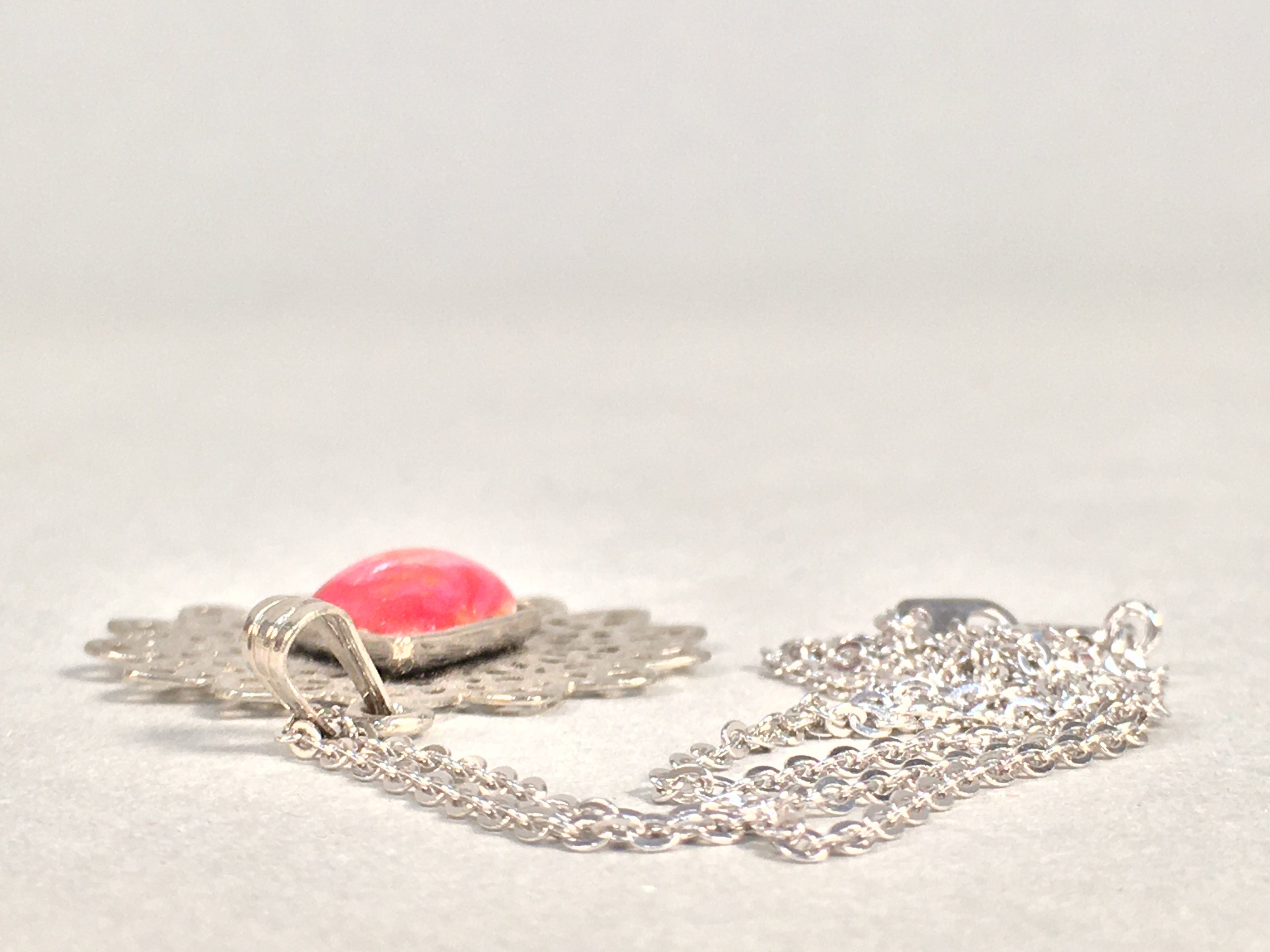 Japanese Necklace Cloisonné Pendant Vtg Metal Glass Red Pink Silver JK108