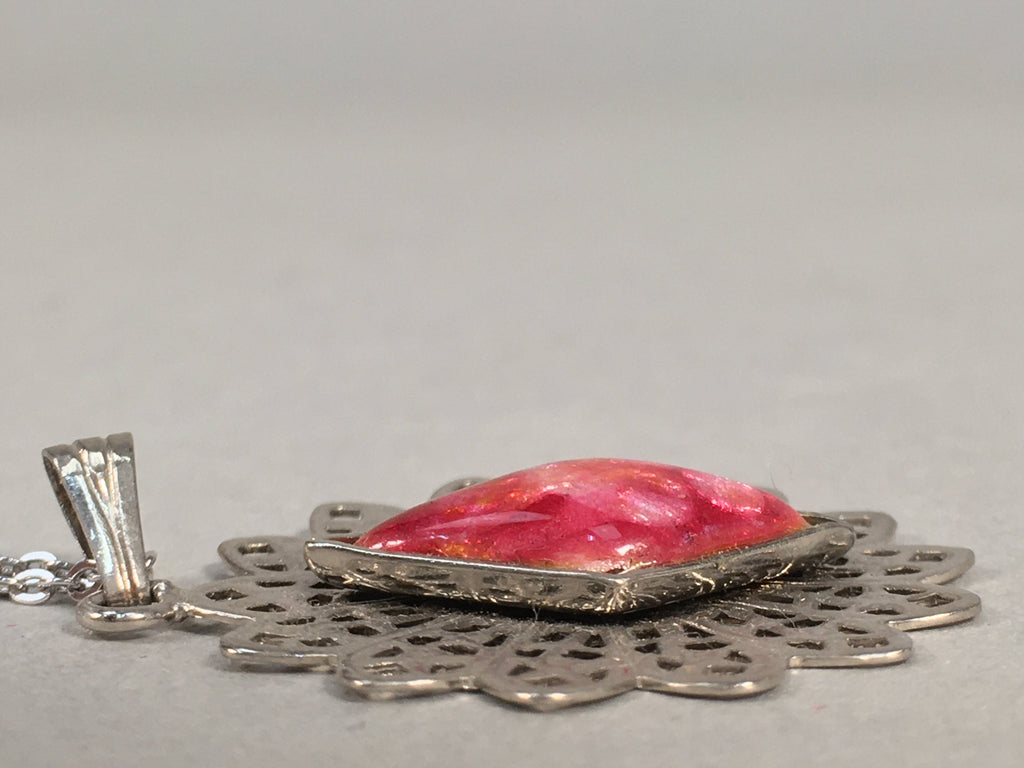 Japanese Necklace Cloisonné Pendant Vtg Metal Glass Red Pink Silver JK108