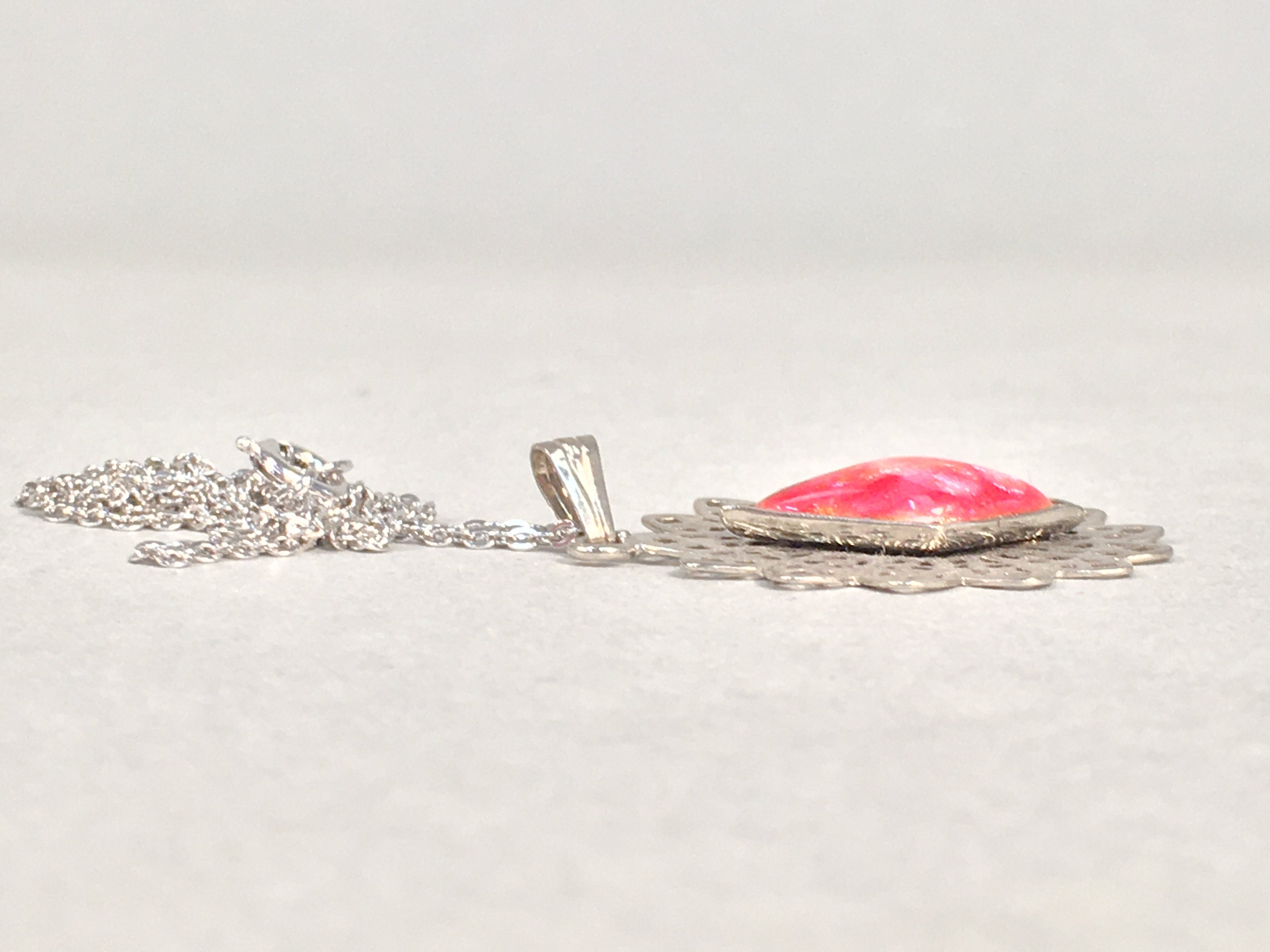 Japanese Necklace Cloisonné Pendant Vtg Metal Glass Red Pink Silver JK108