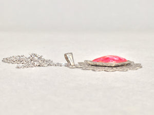Japanese Necklace Cloisonné Pendant Vtg Metal Glass Red Pink Silver JK108