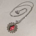 Japanese Necklace Cloisonné Pendant Vtg Metal Glass Red Pink Silver JK108