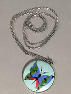 Japanese Necklace Cloisonne Round Pendant Vtg Metal Glass Butterfly Blue JK51