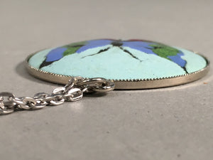 Japanese Necklace Cloisonne Round Pendant Vtg Metal Glass Butterfly Blue JK51