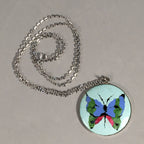 Japanese Necklace Cloisonne Round Pendant Vtg Metal Glass Butterfly Blue JK51