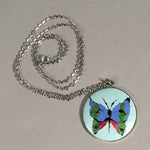 Japanese Necklace Cloisonne Round Pendant Vtg Metal Glass Butterfly Blue JK51