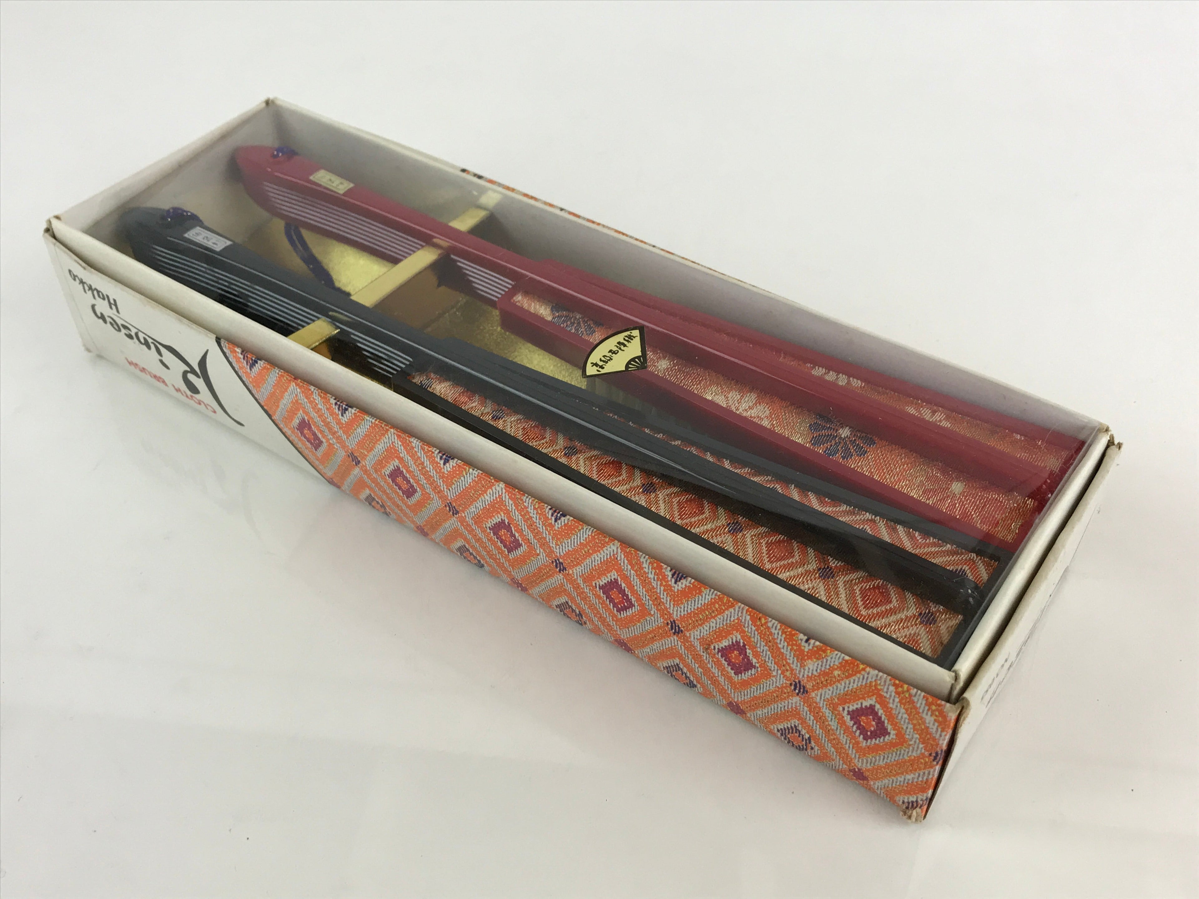 Japanese Nishijin-Ori Fan Shape Clothes Brush 2pc Set Vtg Red Black PX637