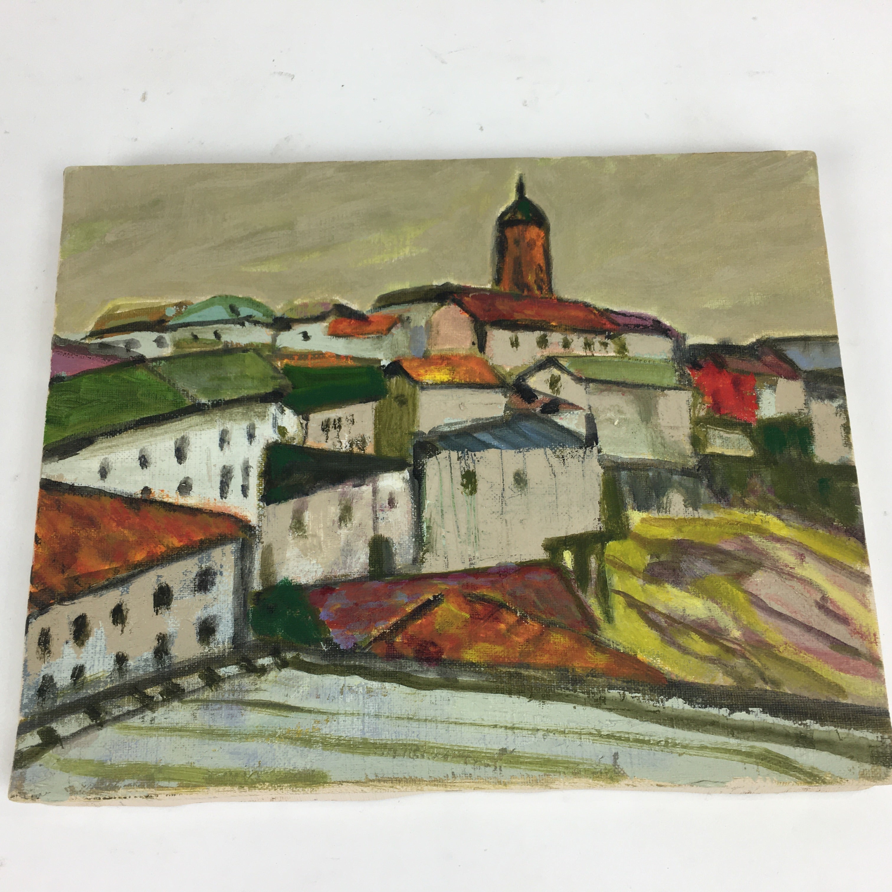 Japanese Oil Painting Picture Hillside Town View Unframed Yoshihiro Hagino FL35