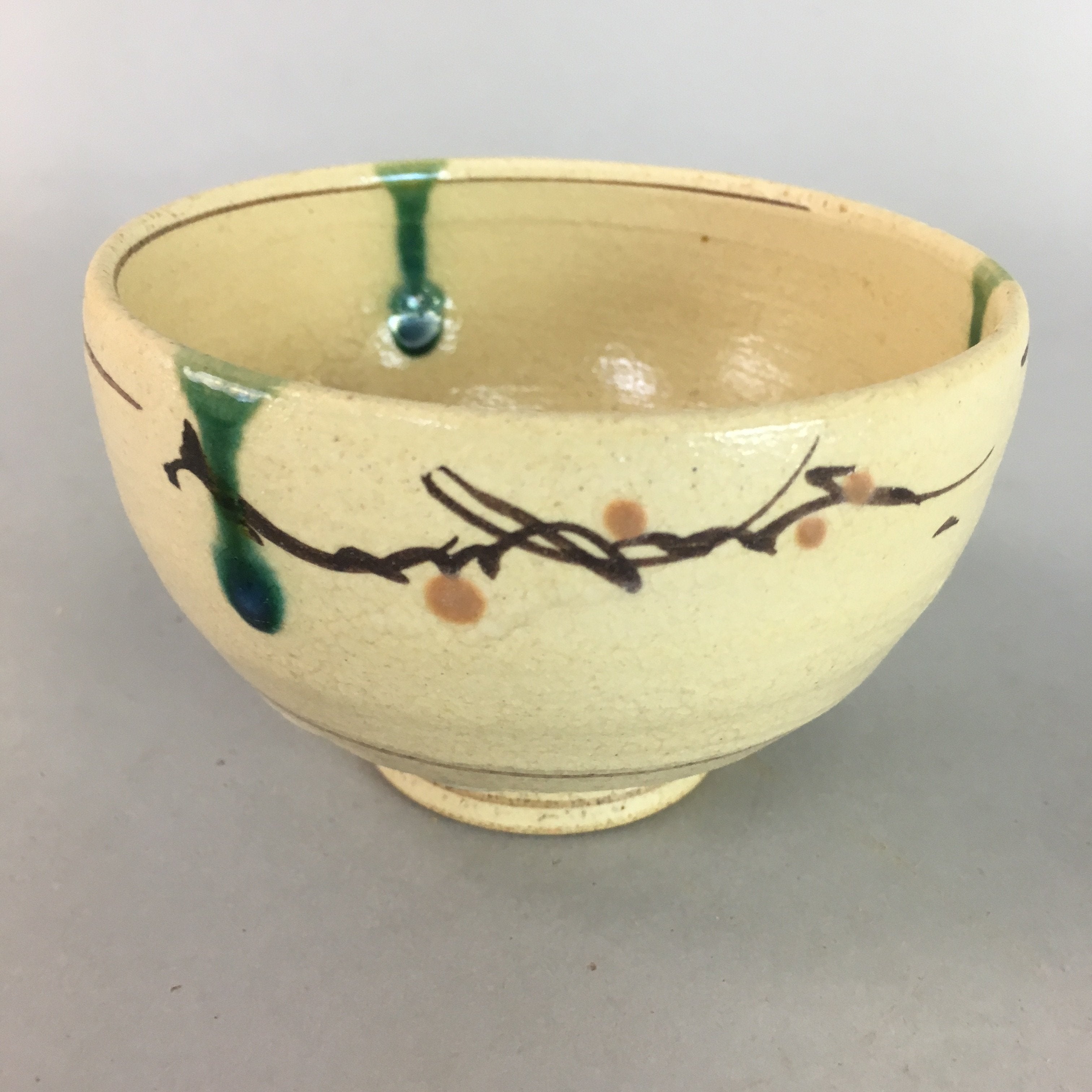Japanese Oribe ware Ceramic Teacup Vtg Pottery Yunomi Pine Needle Sencha TC20