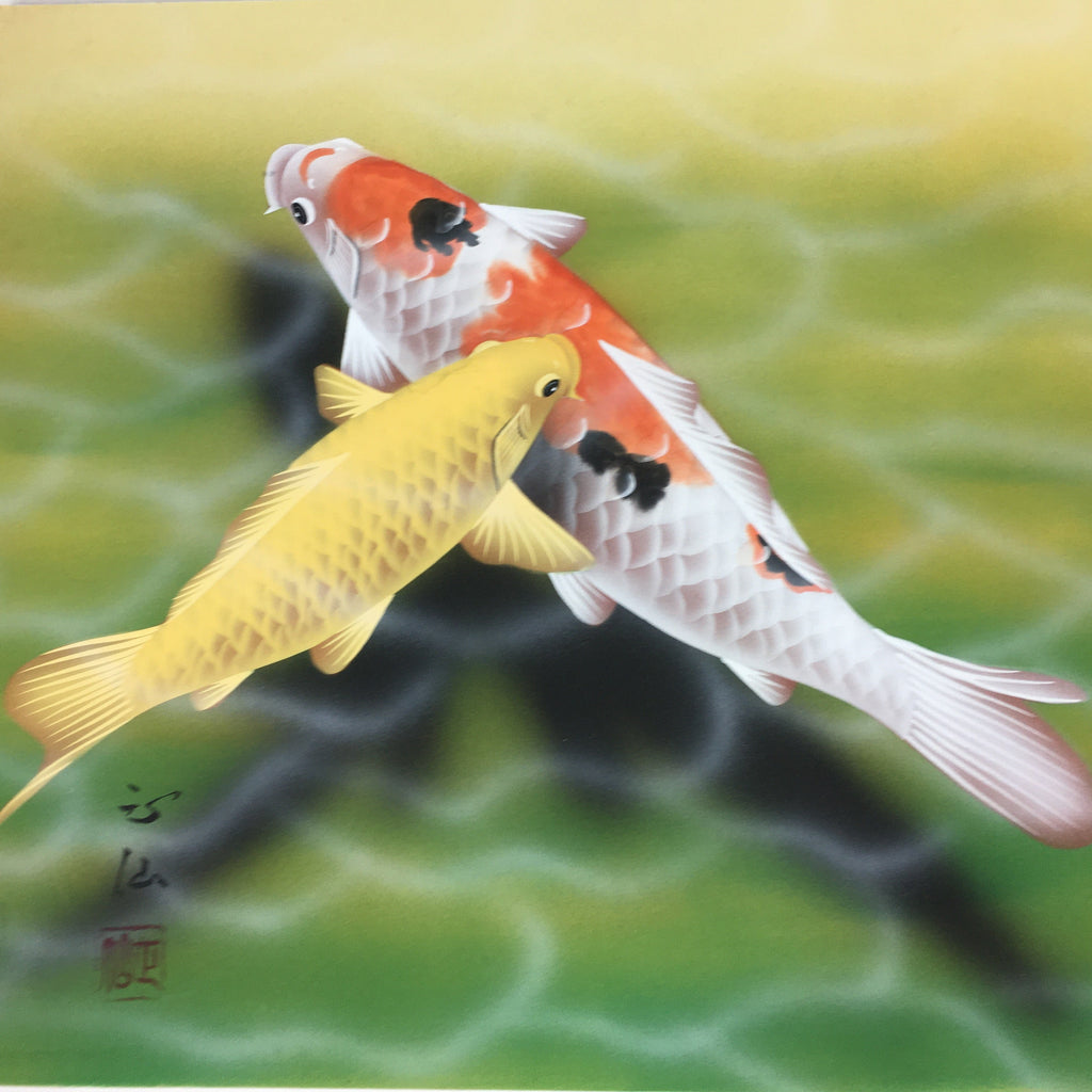 Japanese Painting Board Vtg Picture Laminate Wooden panel Carp FL49