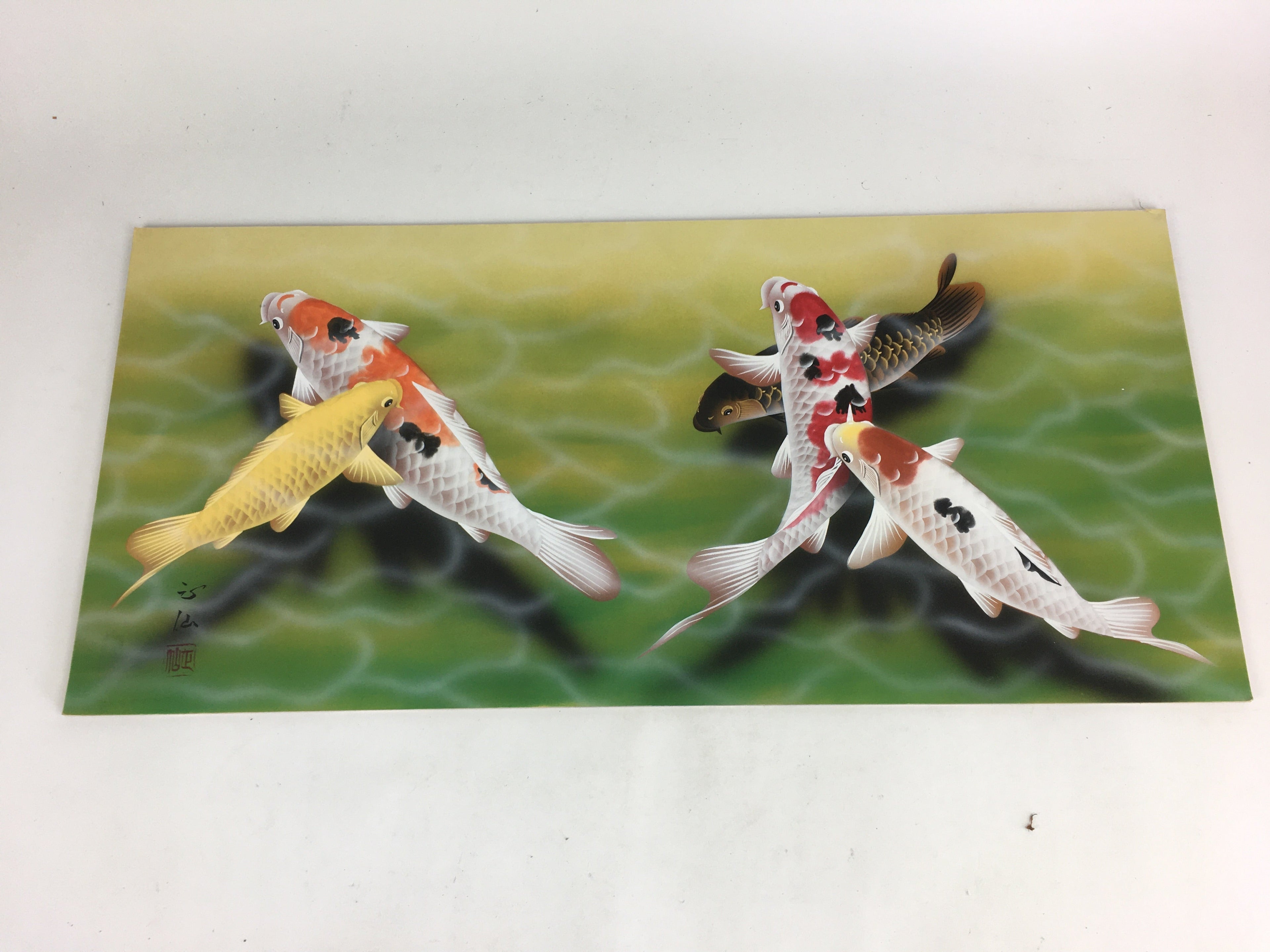 Japanese Painting Board Vtg Picture Laminate Wooden panel Carp FL49