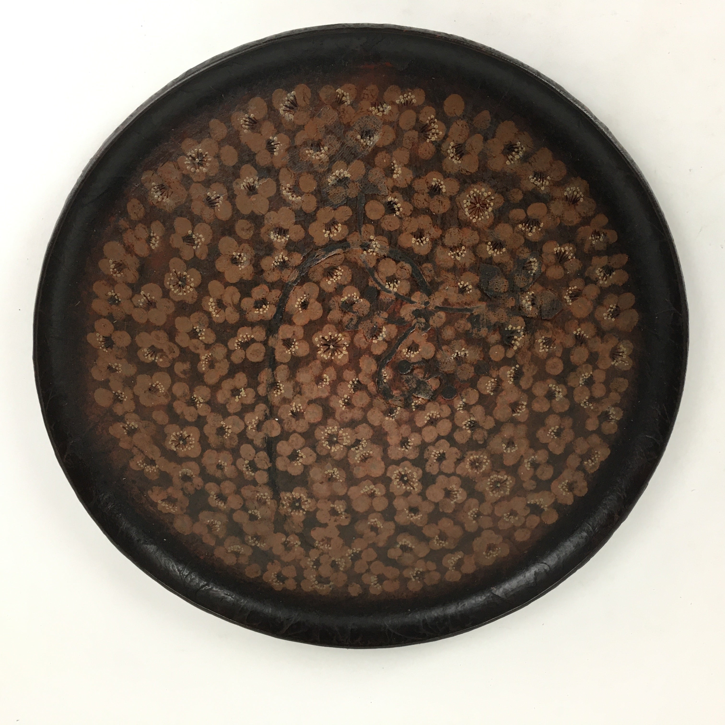 Japanese Paper Tray Obon Vtg Wood Washi Waterproof Brown Flower UR638