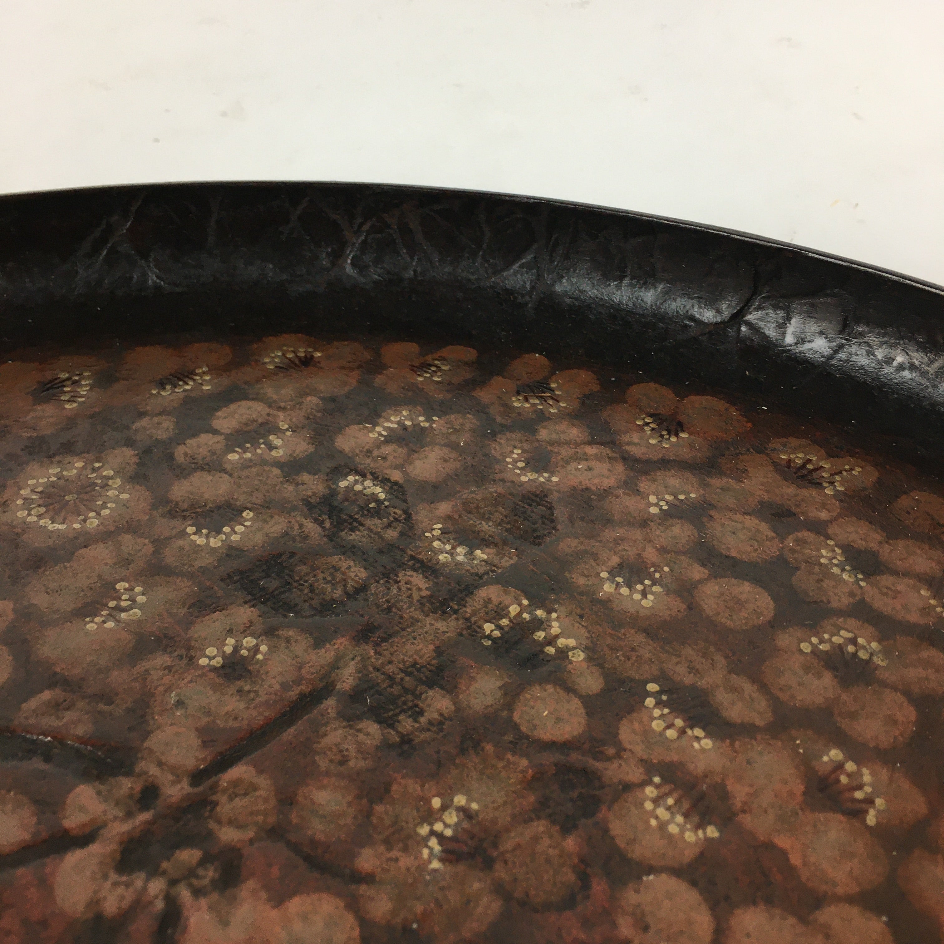 Japanese Paper Tray Obon Vtg Wood Washi Waterproof Brown Flower UR638