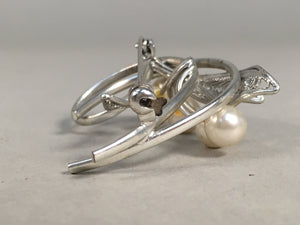 Japanese Pearl Brooch Silver Metal Vtg Pin Badge Artificial White JK101