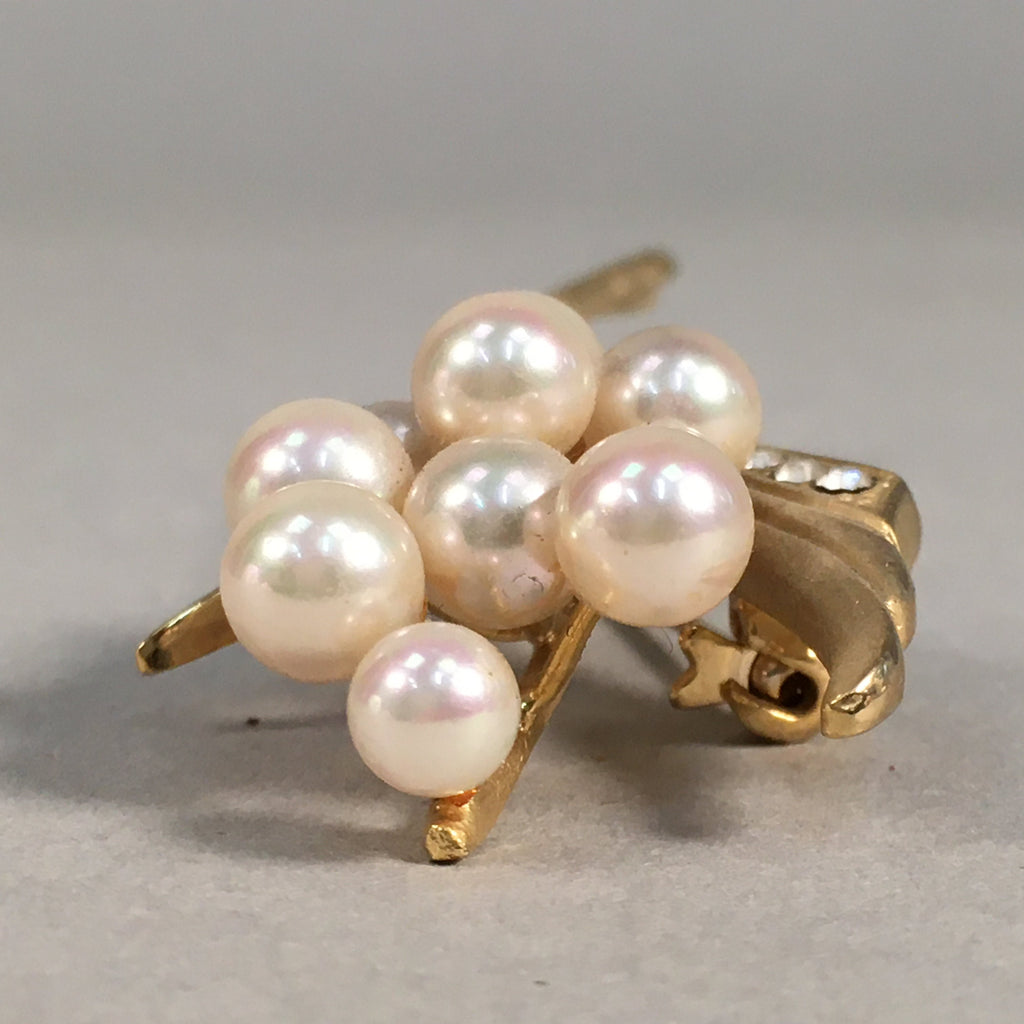 Japanese Pearl Floral Brooch Gold Metal Vtg Pin Artificial White Round JK46