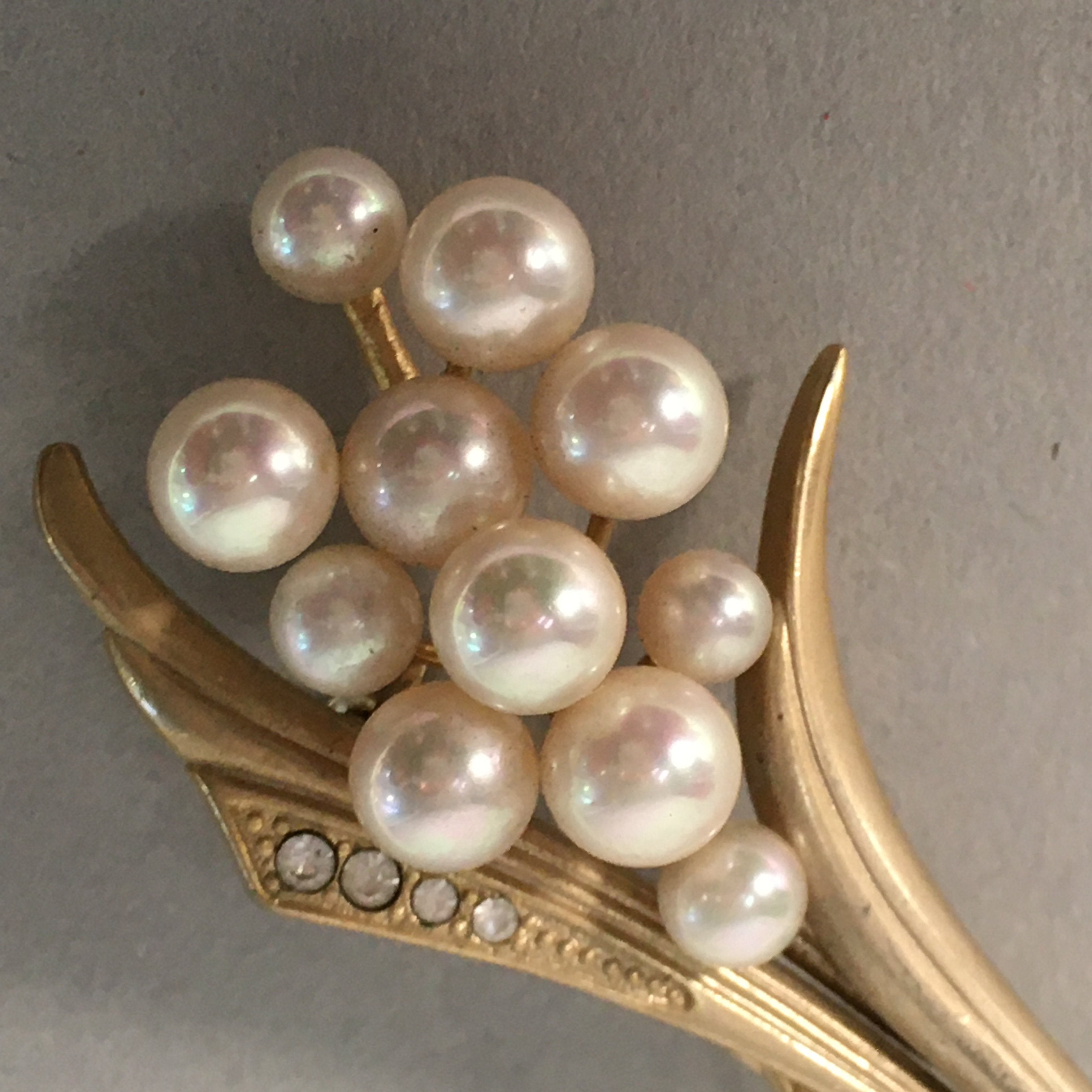 Japanese Pearl Floral Brooch Gold Metal Vtg Pin Artificial White Round JK46
