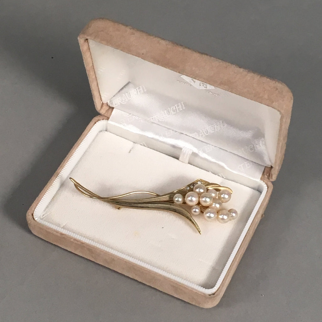 Japanese Pearl Floral Brooch Gold Metal Vtg Pin Artificial White Round JK46