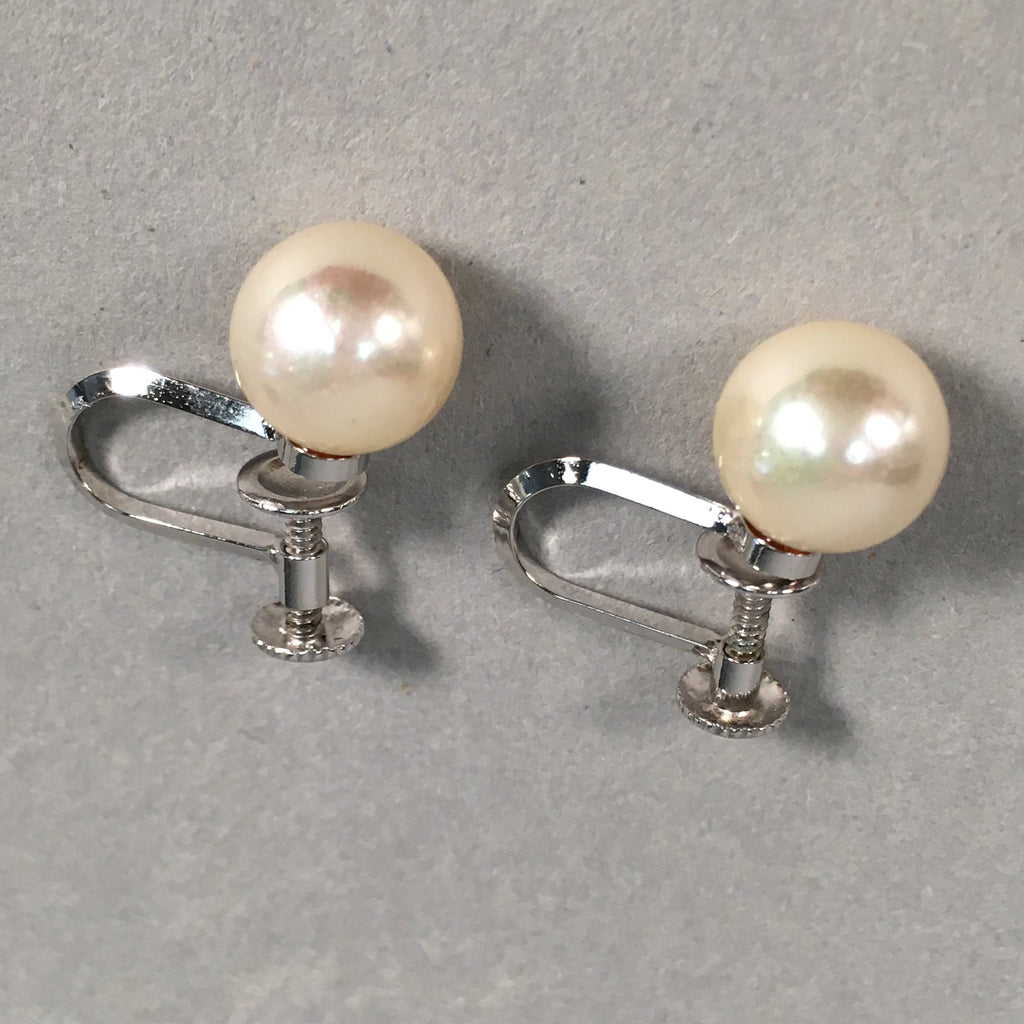 Japanese Pearl Set Necklace Earrings Brooch Vtg Silver Case JK73