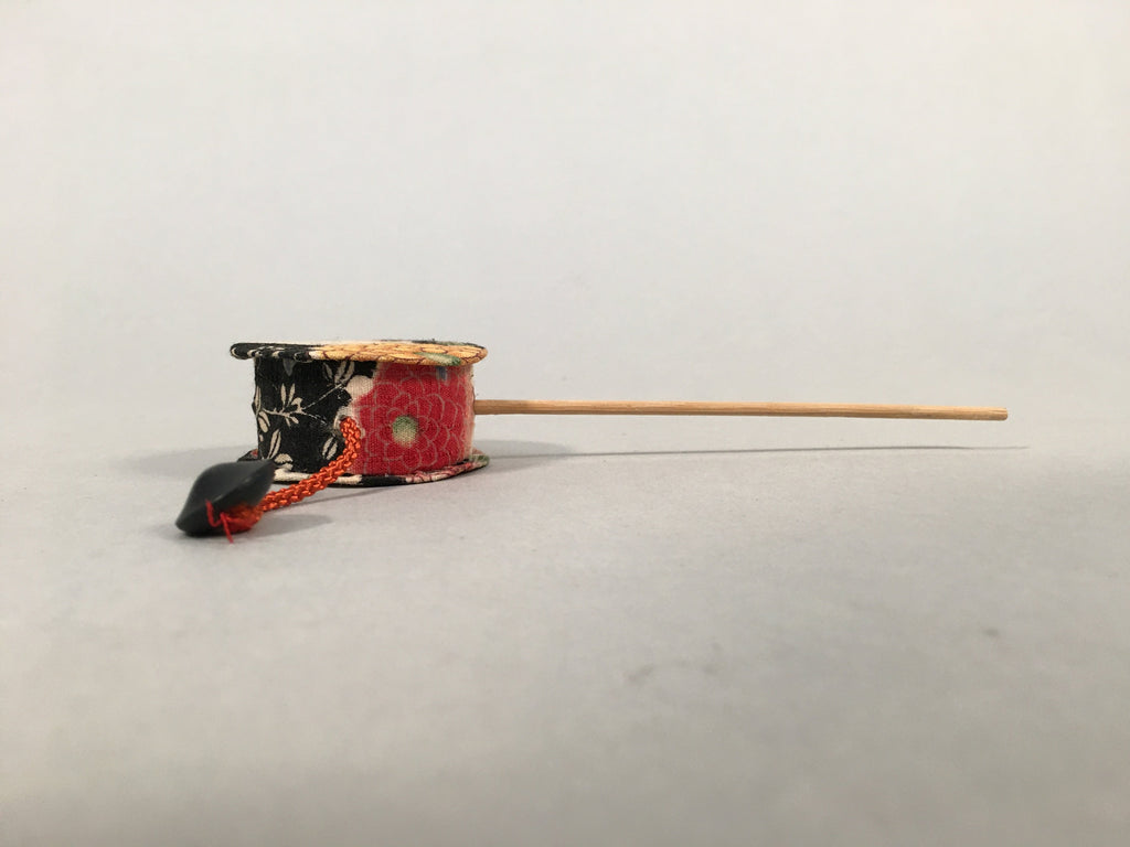 Japanese Pellet Drum Traditional Toy Vtg Den-Den-Daiko Floral Fabric Beads J961
