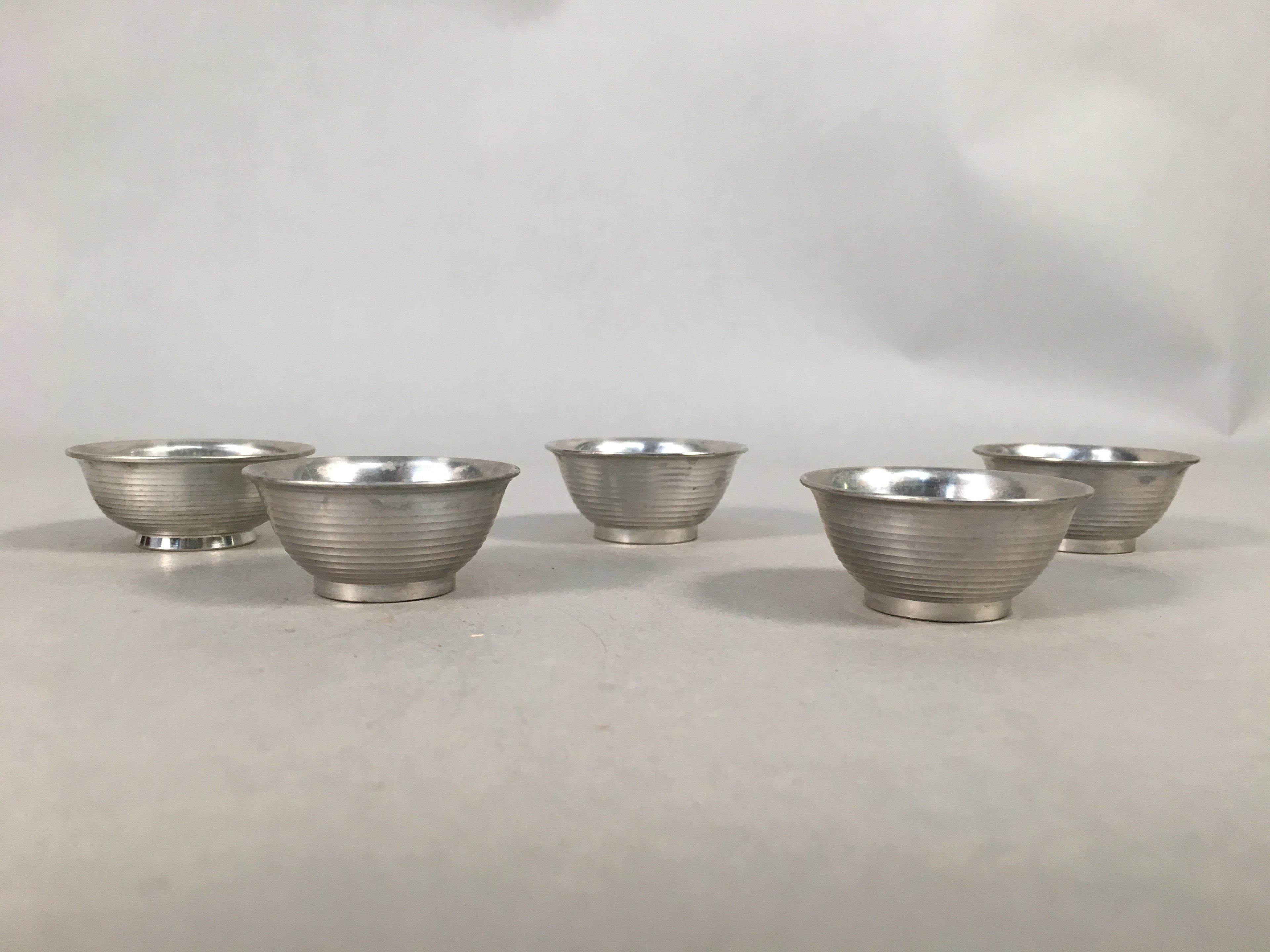 Japanese Pewter Sake Cup Set 5pc Vtg Box Sakazuki Guinomi Drinking Metal PX535