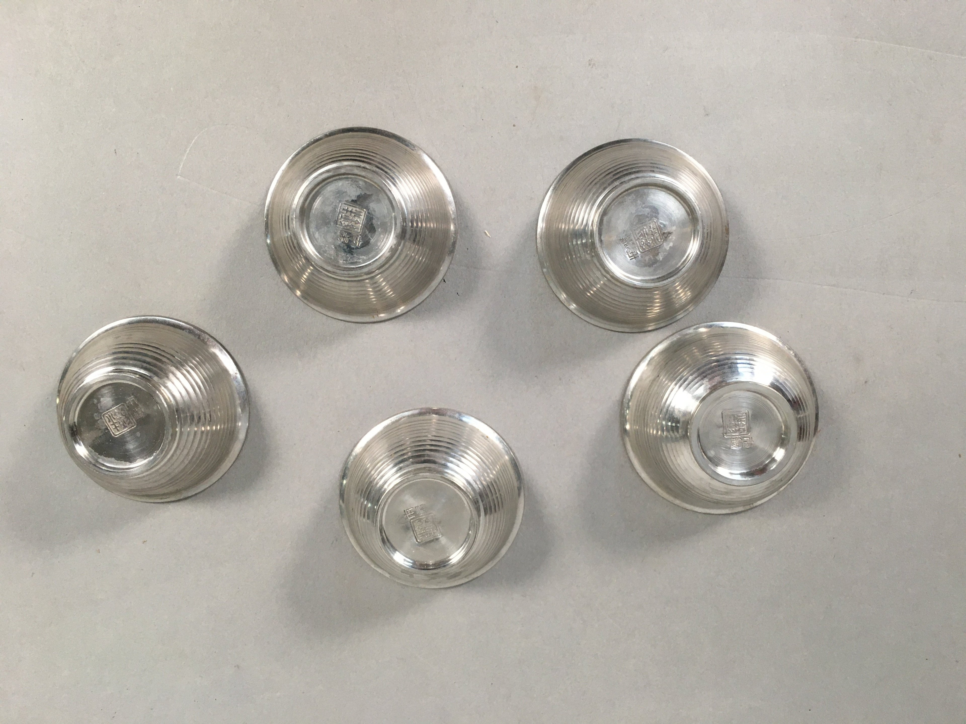 Japanese Pewter Sake Cup Set 5pc Vtg Box Sakazuki Guinomi Drinking Metal PX535