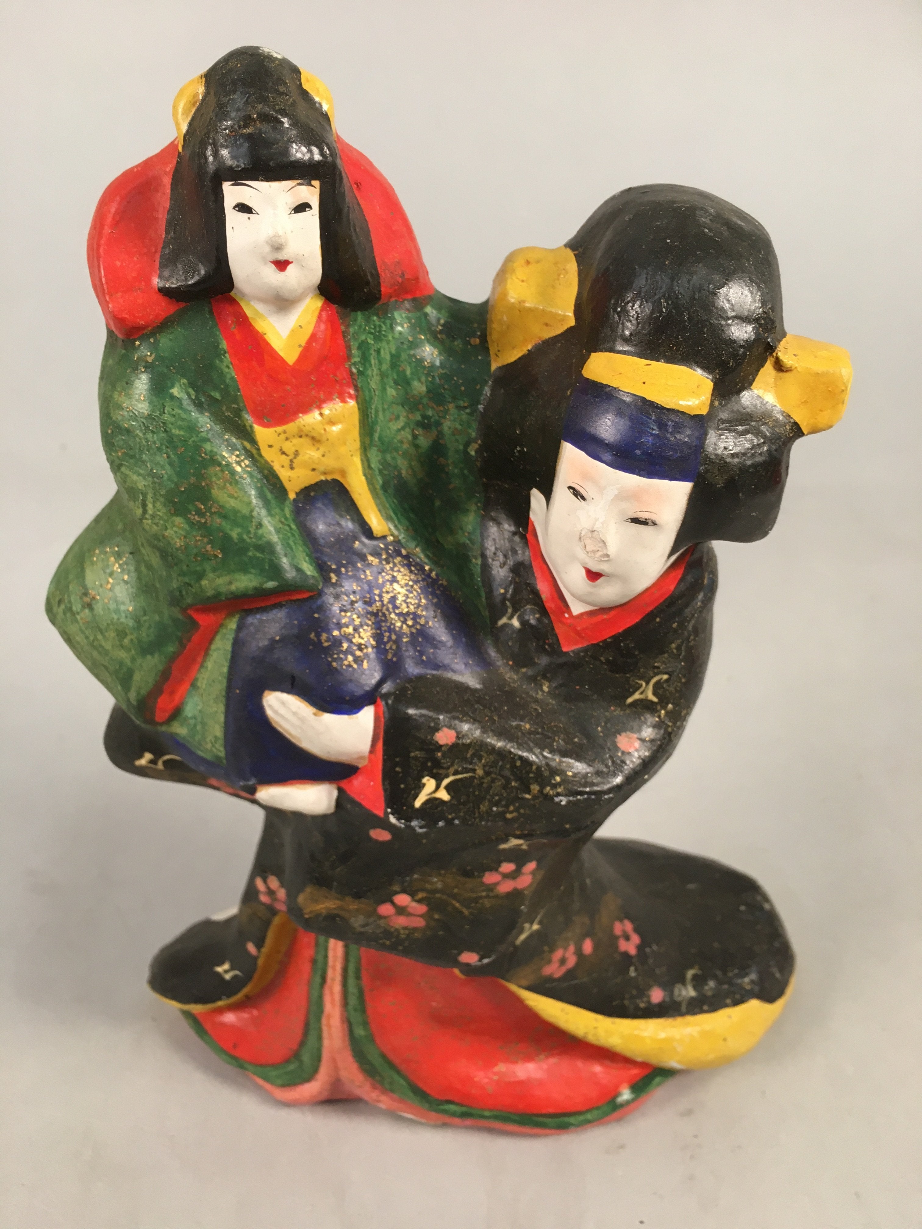 Japanese Plaster Statue Vtg Kimono Woman Child Hand-painted Okimono BD560