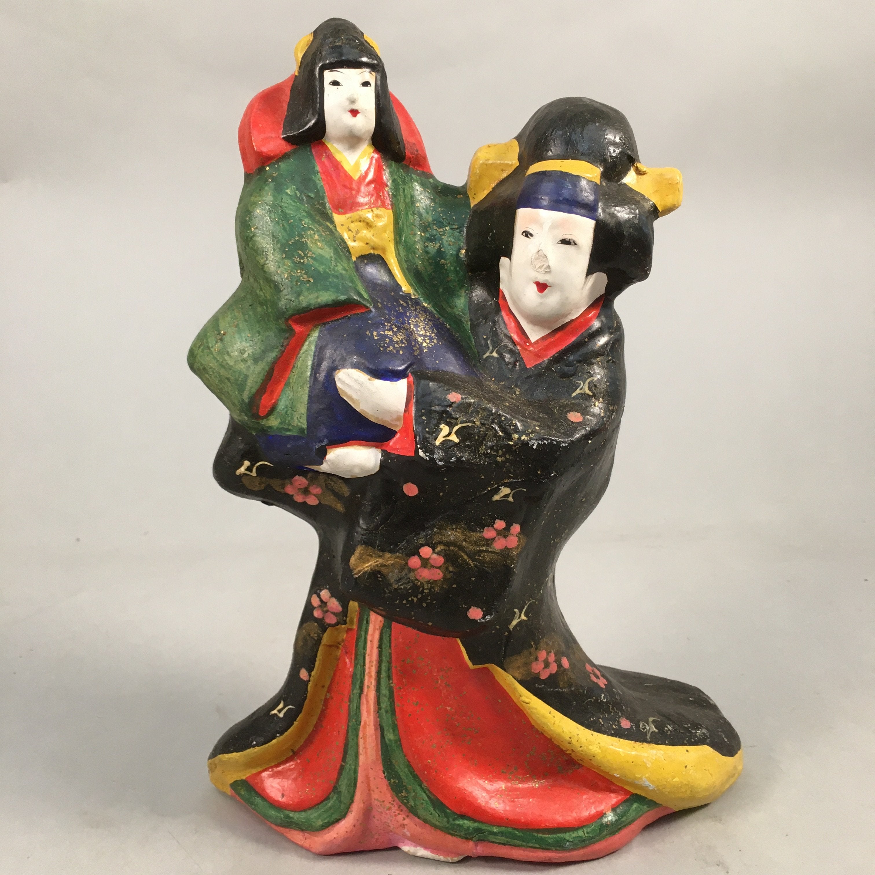 Japanese Plaster Statue Vtg Kimono Woman Child Hand-painted Okimono BD560