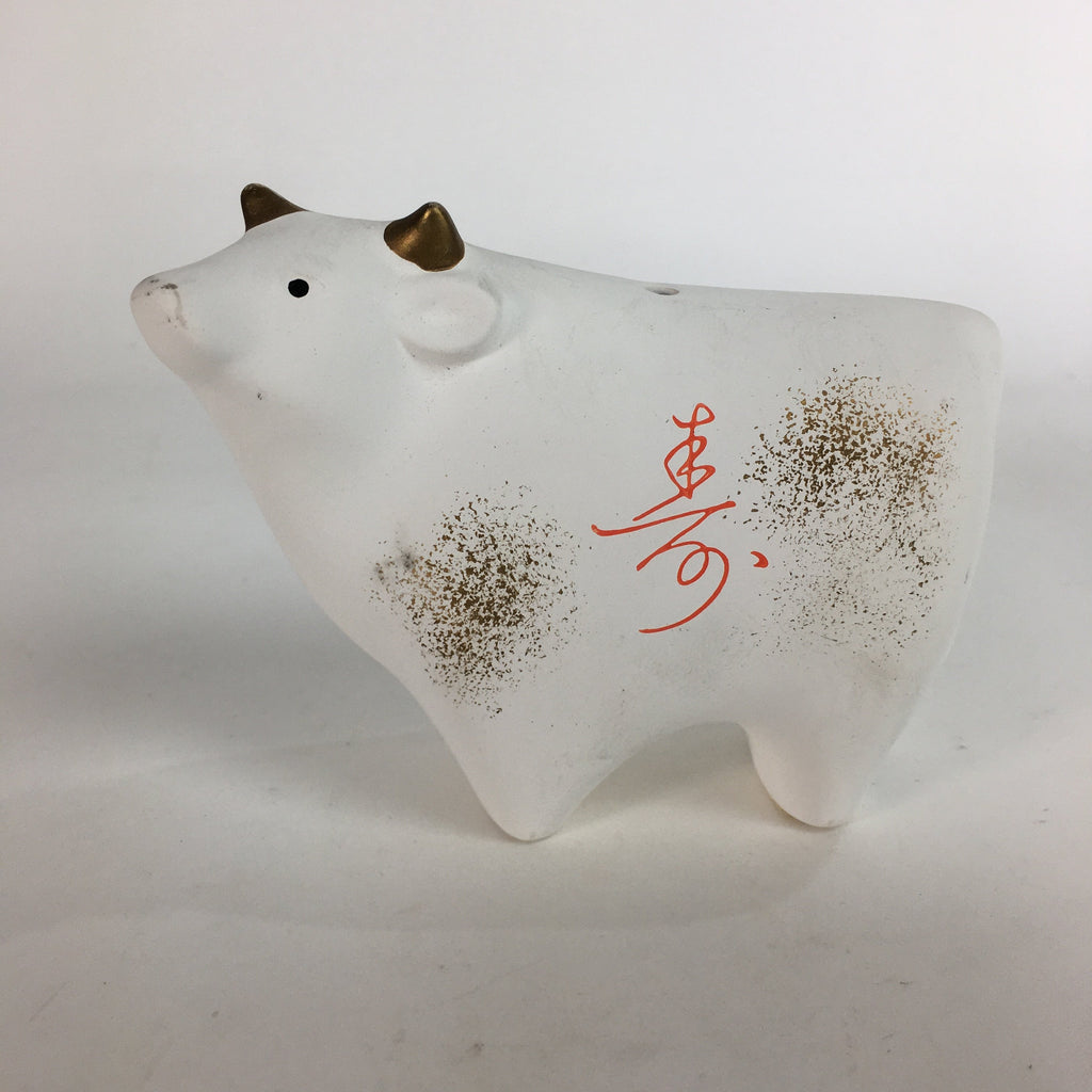 Japanese Plaster Zodiac Symbol Cow Vtg Pottery Yakushi Kiln White Gold Ushi BD6