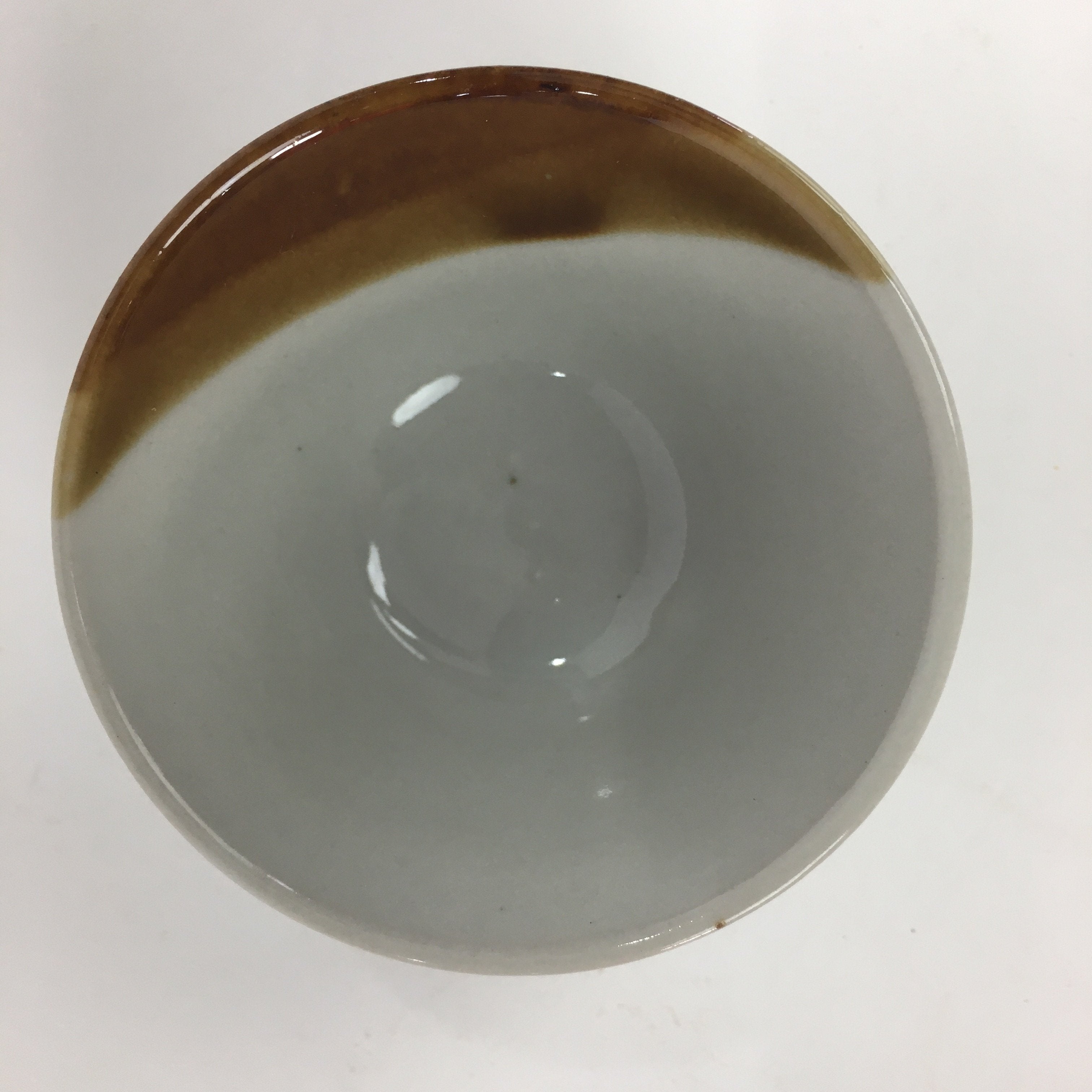 Japanese Pocerain Sake Cup Vtg Guinomi White Brown Kanji Design Ochoko GU979