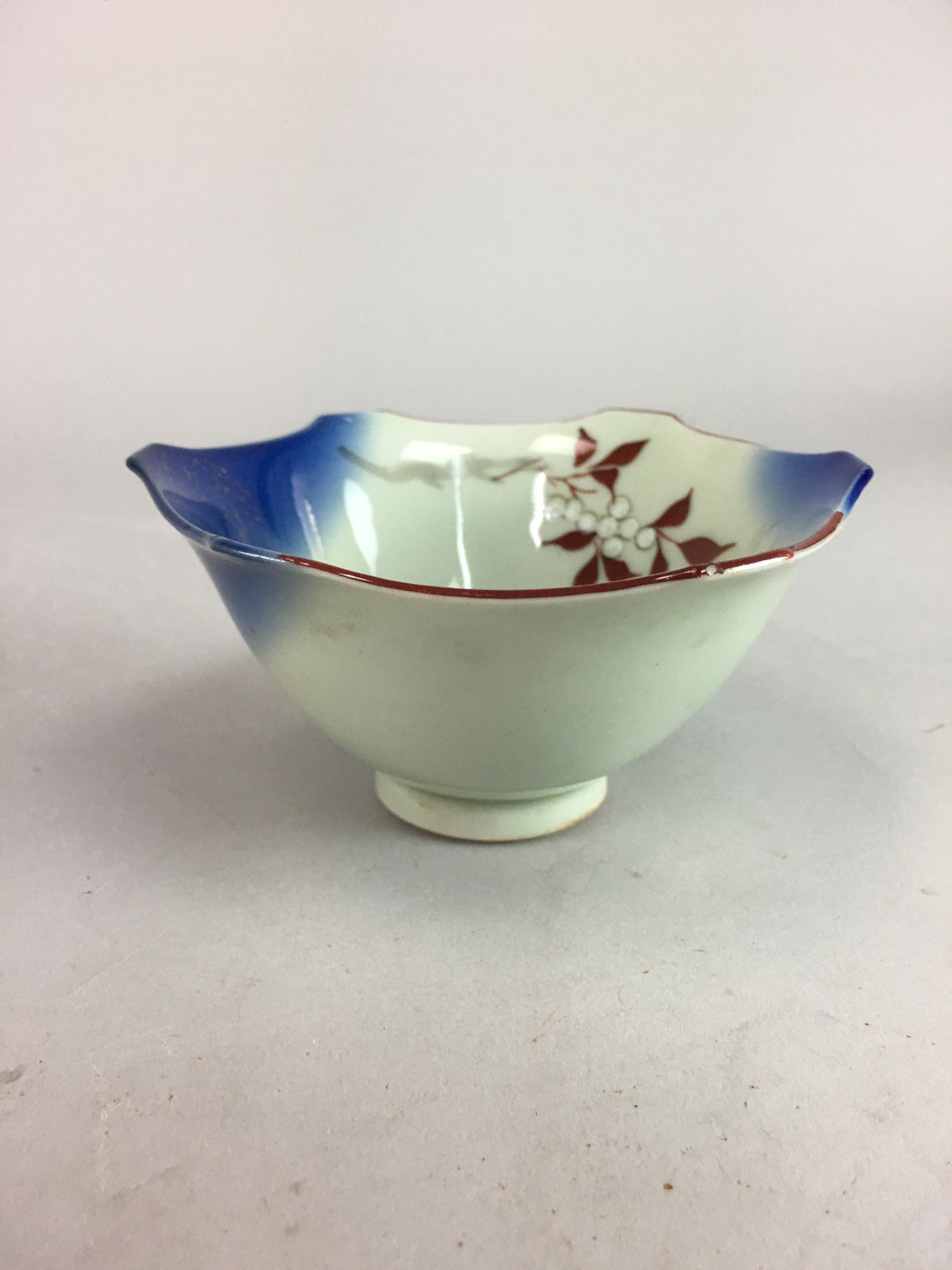 Japanese Porcelain 6 Sided Bowl Vtg Kobachi Blue Green Leaf Snack Kanji PT183