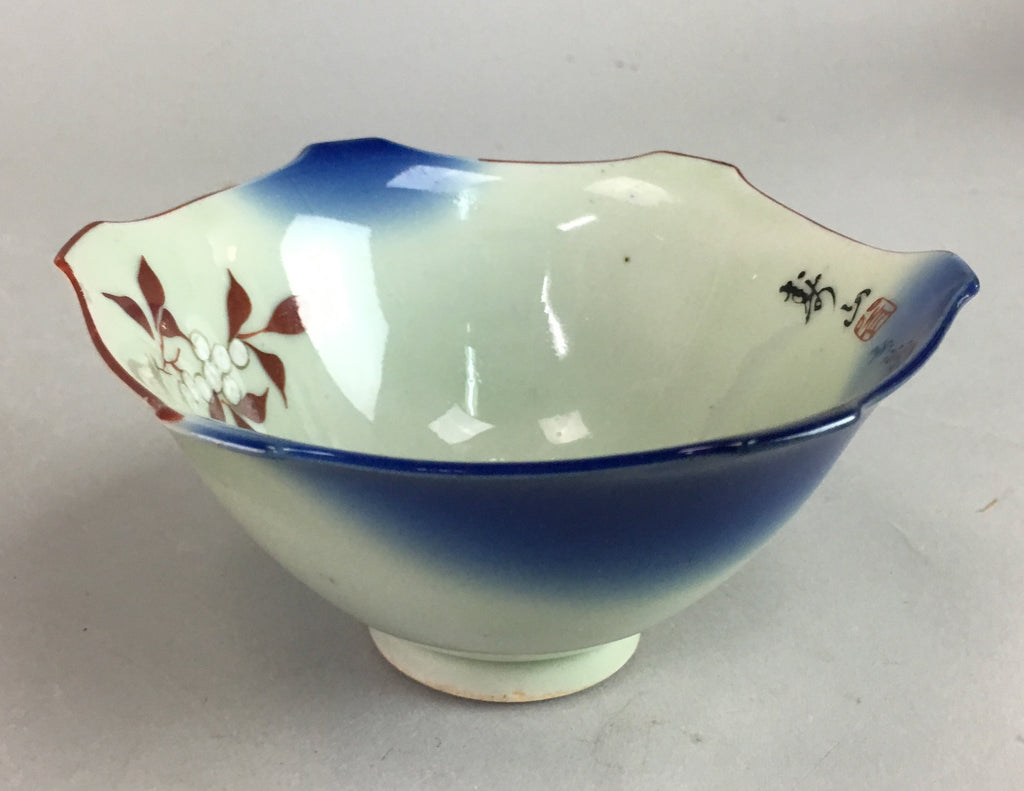 Japanese Porcelain 6 Sided Bowl Vtg Kobachi Blue Green Leaf Snack Kanji PT183